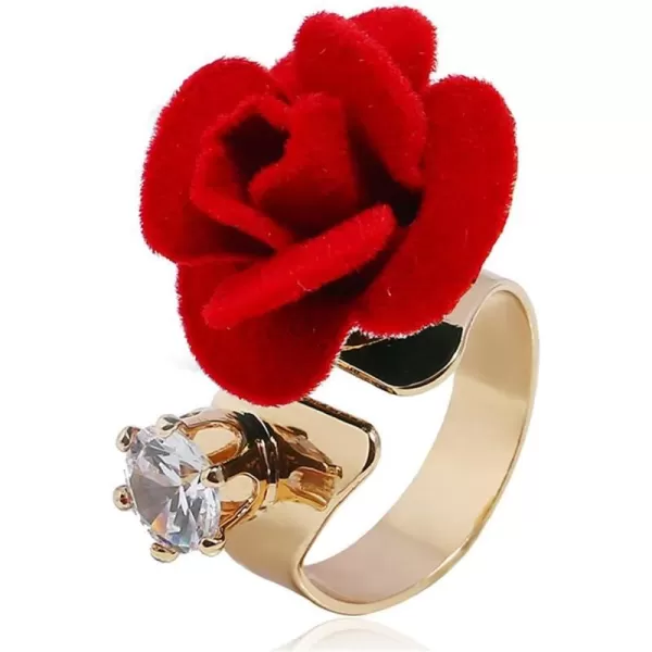 Dtja CZ Flower Wedding Ring for Women Girls Statement Engagement Round Rhinestone Suede Rose Adjustable Open Band Finger Rings Comfort Fit Cocktail Party Vintage Y2K Jewelry GiftRed