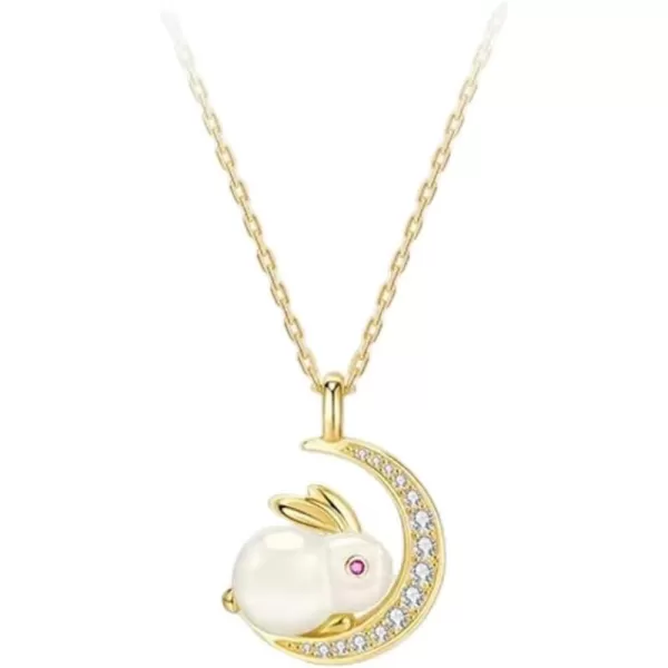 Dtja Gold Plated Rabbit Moon Pendant Necklace for Women Girls Cubic Zirconia Artificial Jade Bunny Animal Adjustable Choker Chain Necklaces Delicate Cute Easter Birthday Holiday Jewelry Gift 18 inchwith Crescent