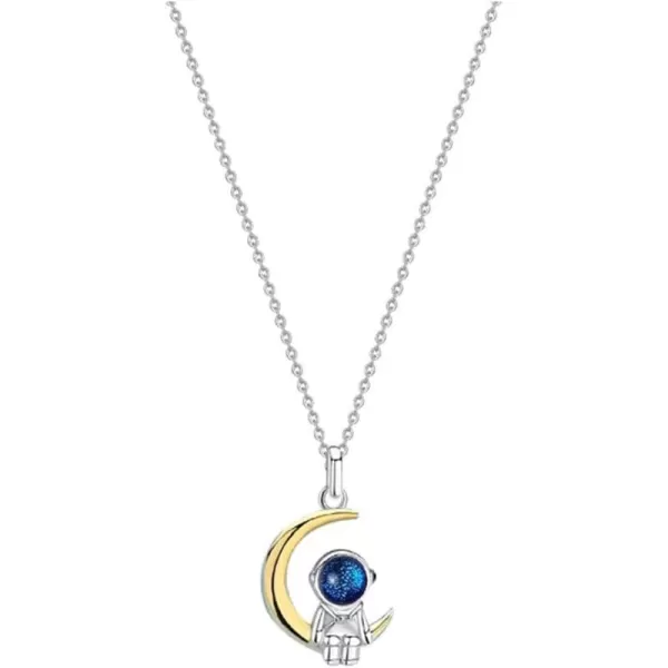 Dtja Moon Astronaut Pendant Necklace for Women Girls Silver Plated Unisex Adjustable Link Chain Cute Charm Couple Friends Necklaces Unique Birthday Valentine Jewelry Souvenir Giftwith Moon