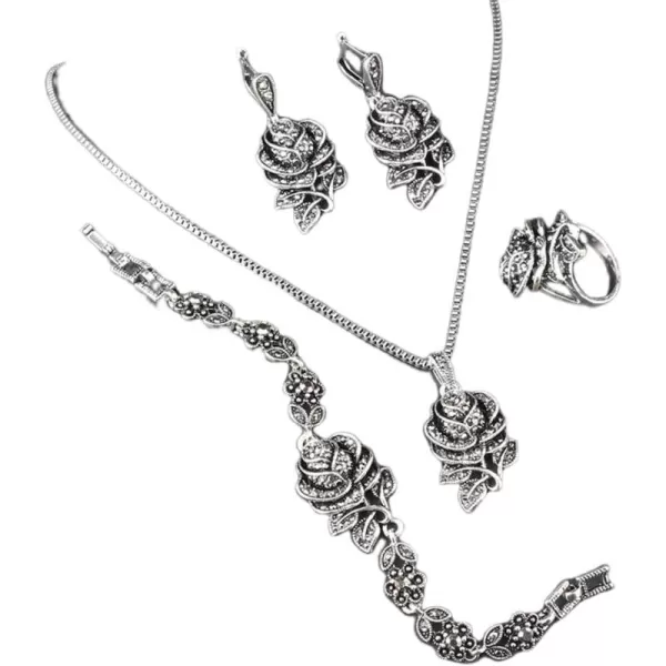 Dtja Vintage CZ Rose Flower Earrings Pendant Necklace Bracelet Jewelry Set for Women Girl Silvery Black Crystal Boho Wedding Cocktail Party Mothers Day Jewelry Gifts 5 PCs