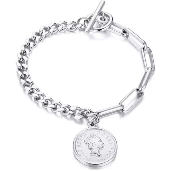 Fashion Link Charm Coin Bracelet for Women Stainless Steel Asymmetrical Toggle Chain Queen Elizabeth Goddess Worship Celebrity Medallion Keepsake Dainty Jewelry Silver