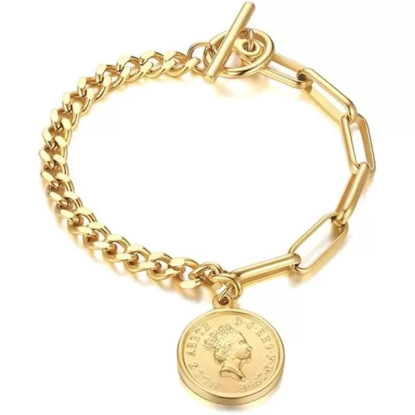 Fashion Link Charm Coin Bracelet for Women Stainless Steel Asymmetrical Toggle Chain Queen Elizabeth Goddess Worship Celebrity Medallion Keepsake Dainty Jewelry 14k Gold Plated
