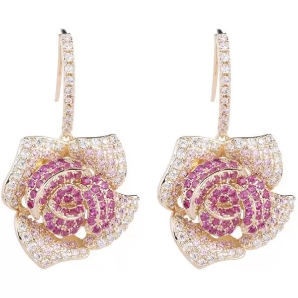 Huggie CZ Flower Dangle Stud Earrings for Women Girls with Charms Fashion Luxury Pave Rhinestone Filigree Camellia Rose Dainty Crystal Drop Dangling Wedding Prom Jewelry Dainty Gifts Valentine Mothers DayRed