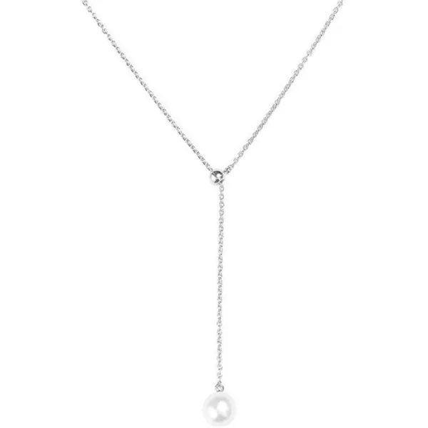 Lariat Pearl Pendant Y Long Chain Necklace for Women Girls Imitation White Pearl Ball Choker Necklaces Wedding Birthday Jewelry Gift BoxSilver Plated