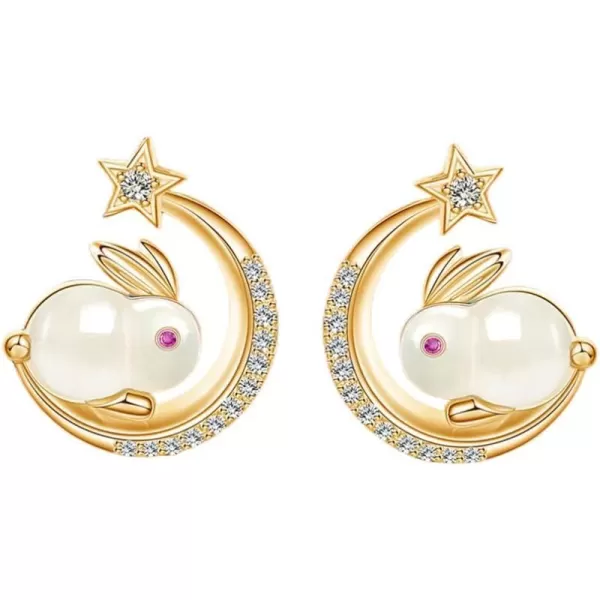 Moon Star Rabbit Earrings for Women Girls 14K Gold Plated Hypoallergenic Crystal Crescent Artificial Jade Animal Bunny Stud Cartilage Earring Cute Easter Birthday Jewelry Gifts for PetLoverMoon Star Rabbit Earrings for Women Girls 14K Gold Plated Hypoallergenic Crystal Crescent Artificial Jade Animal Bunny Stud Cartilage Earring Cute Easter Birthday Jewelry Gifts for PetLover