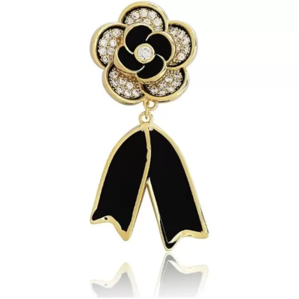 Rhinestone Camellia Flower Brooch Pin for Women Girls Gold Plated Dainty Cute Enamel Blossom Ribbon Lapel Pins Elegant Wedding Birthday Anniversary Jewelry Gift SouvenirBlack