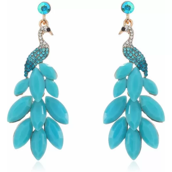 Vintage Peacock Dangle Earrings for Women Girls 14K Gold Plated Green Crystal Feather Peafowl Statement Drop Dangling Stud Earring Boho Exaggerated Birthday Holiday Jewelry GiftsTurquoise