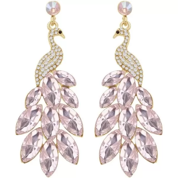 Vintage Peacock Dangle Earrings for Women Girls 14K Gold Plated Green Crystal Feather Peafowl Statement Drop Dangling Stud Earring Boho Exaggerated Birthday Holiday Jewelry GiftsLight Pink