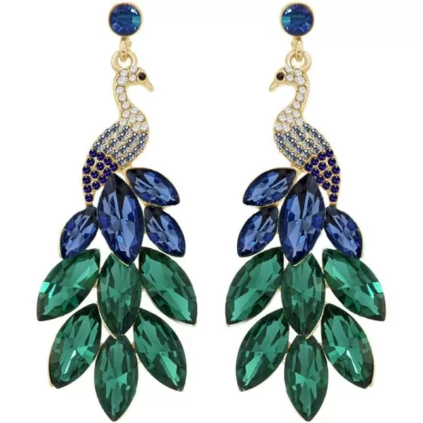 Vintage Peacock Dangle Earrings for Women Girls 14K Gold Plated Green Crystal Feather Peafowl Statement Drop Dangling Stud Earring Boho Exaggerated Birthday Holiday Jewelry GiftsBlue Green