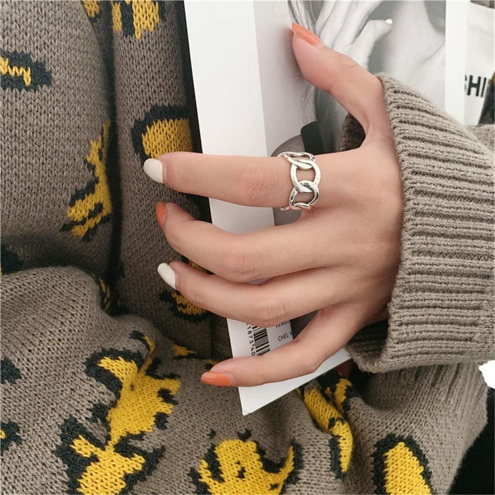 Dtja Silver Wide Open Band Ring for Women Girls Statement Cuban Link Chain Adjustable Punk Hip Hop Motorcycle Rings Comfort Fit Fashion Vintage JewelryDtja Silver Wide Open Band Ring for Women Girls Statement Cuban Link Chain Adjustable Punk Hip Hop Motorcycle Rings Comfort Fit Fashion Vintage Jewelry