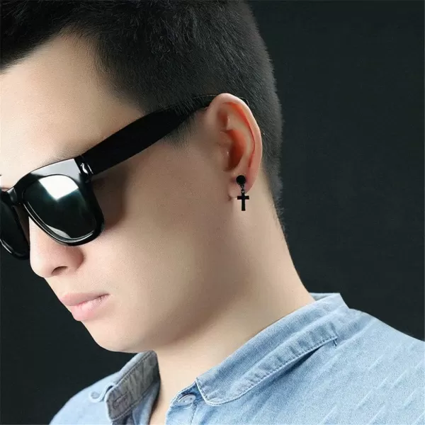 18G Barbell Cross Drop Stainless Steel Stud Earrings for Women Girls Men Hypoallergenic Piercing Dumbbell Ball Screw Studs Cartilage Tragus Fashion Punk Fake Jewelry Faith Gifts for FriendsBlack