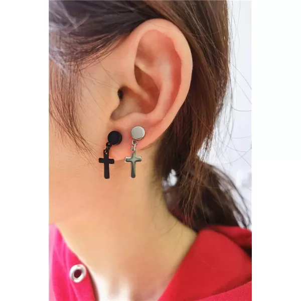 18G Barbell Cross Drop Stainless Steel Stud Earrings for Women Girls Men Hypoallergenic Piercing Dumbbell Ball Screw Studs Cartilage Tragus Fashion Punk Fake Jewelry Faith Gifts for FriendsBlack