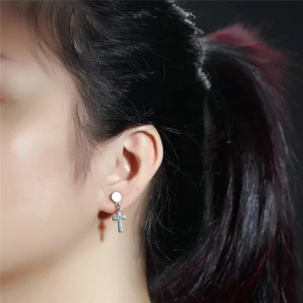 18G Barbell Cross Drop Stainless Steel Stud Earrings for Women Girls Men Hypoallergenic Piercing Dumbbell Ball Screw Studs Cartilage Tragus Fashion Punk Fake Jewelry Faith Gifts for FriendsSilver