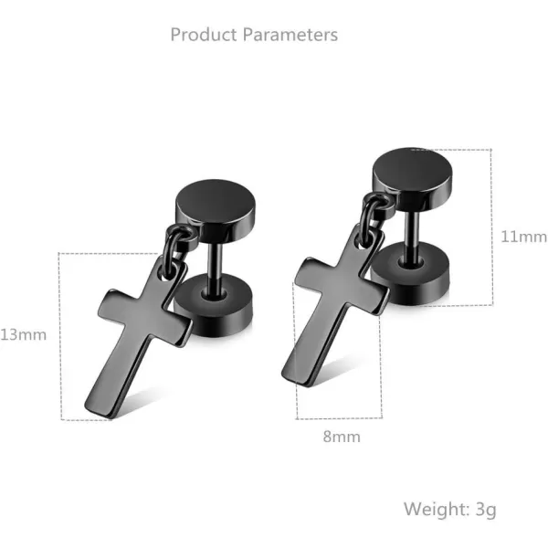 18G Barbell Cross Drop Stainless Steel Stud Earrings for Women Girls Men Hypoallergenic Piercing Dumbbell Ball Screw Studs Cartilage Tragus Fashion Punk Fake Jewelry Faith Gifts for FriendsBlack