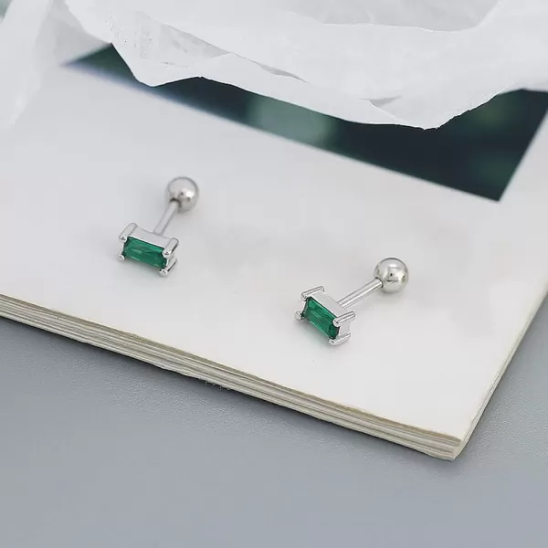 18G Tiny Rectangle Stud Earrings for Women Girls 925 Sterling Silver Hypoallergenic Minimalist Cute Small Studs Cartilage Tragus 3mm Ball Screw Back Dainty Birthstone Jewelry Gifts Christmas BirthdayGreen CZ