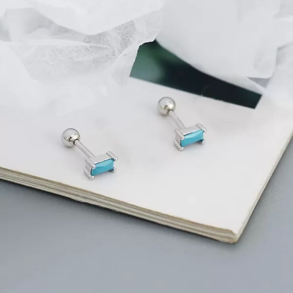 18G Tiny Rectangle Stud Earrings for Women Girls 925 Sterling Silver Hypoallergenic Minimalist Cute Small Studs Cartilage Tragus 3mm Ball Screw Back Dainty Birthstone Jewelry Gifts Christmas BirthdayTurquoise