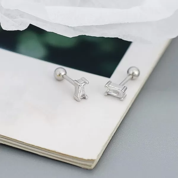 18G Tiny Rectangle Stud Earrings for Women Girls 925 Sterling Silver Hypoallergenic Minimalist Cute Small Studs Cartilage Tragus 3mm Ball Screw Back Dainty Birthstone Jewelry Gifts Christmas BirthdayClear CZ