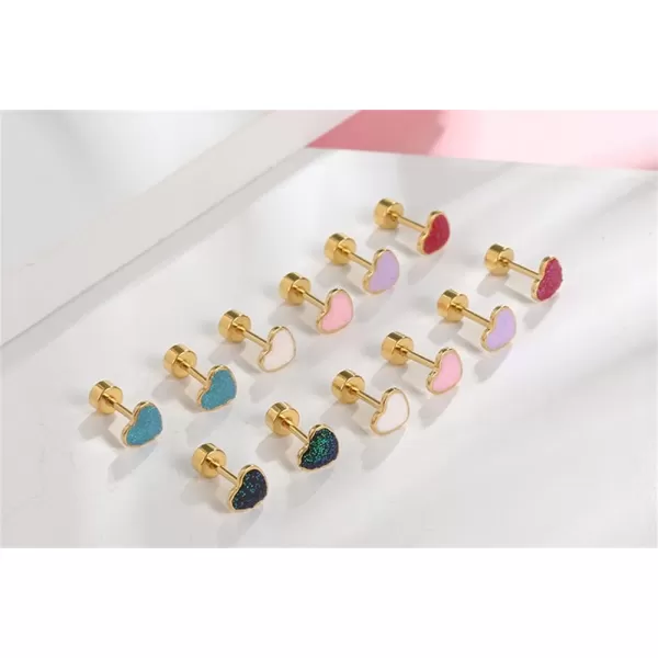 18g Titanium Heart Love Earrings for Women Girls 14k Gold Plated Stainless Steel Hypoallergenic Cute Tiny Sequins Stud Cartilage Tragus Screw Back Post Piercing Sensitive EarRed