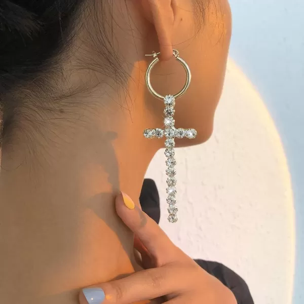 Big CZ Cross Dangle Earrings for Women Girls Cubic Zirconia Exaggerated Statement Drop Dangling 23mm Huggie Hoops Hypoallergenic Faith Jewelry Dainty GiftsGold