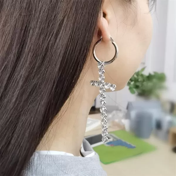 Big CZ Cross Dangle Earrings for Women Girls Cubic Zirconia Exaggerated Statement Drop Dangling 23mm Huggie Hoops Hypoallergenic Faith Jewelry Dainty GiftsSilver