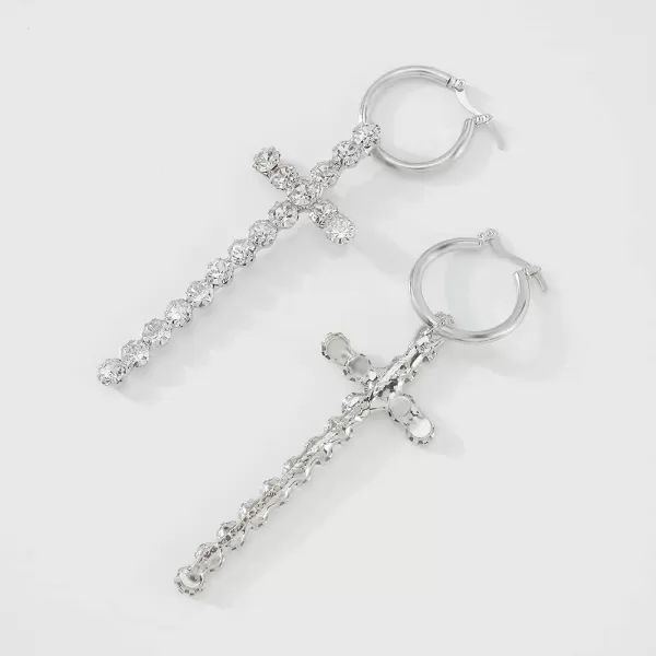 Big CZ Cross Dangle Earrings for Women Girls Cubic Zirconia Exaggerated Statement Drop Dangling 23mm Huggie Hoops Hypoallergenic Faith Jewelry Dainty GiftsSilver