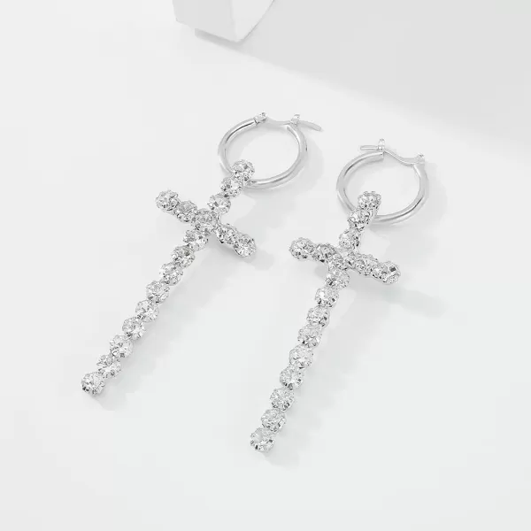 Big CZ Cross Dangle Earrings for Women Girls Cubic Zirconia Exaggerated Statement Drop Dangling 23mm Huggie Hoops Hypoallergenic Faith Jewelry Dainty GiftsSilver