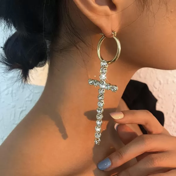 Big CZ Cross Dangle Earrings for Women Girls Cubic Zirconia Exaggerated Statement Drop Dangling 23mm Huggie Hoops Hypoallergenic Faith Jewelry Dainty GiftsGold