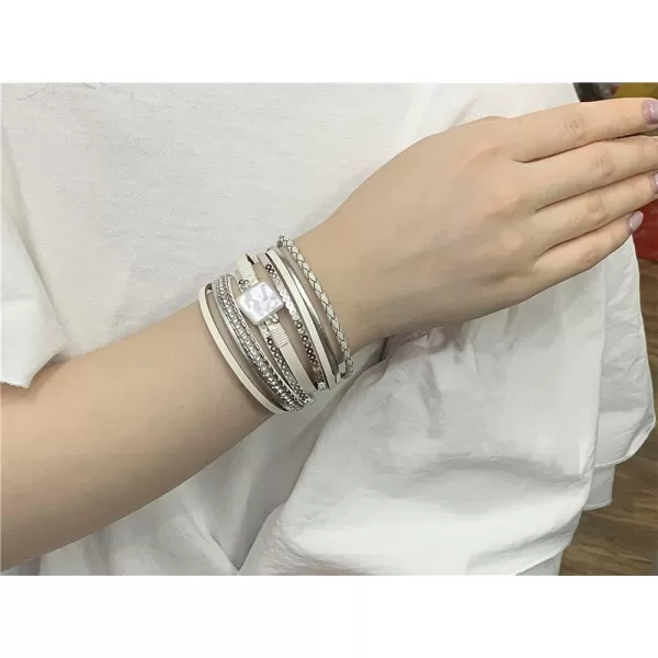 Boho PU Leather Bracelet for Women Girls Handmade Crystal Rhinestone Imitation Baroque Pearl Cuff Wrap Bracelets Silver Tube Clasp Sequins Bangle Wristbands Fashion Bohemian Jewelry Gift for Her WhiteBoho PU Leather Bracelet for Women Girls Handmade Crystal Rhinestone Imitation Baroque Pearl Cuff Wrap Bracelets Silver Tube Clasp Sequins Bangle Wristbands Fashion Bohemian Jewelry Gift for Her White