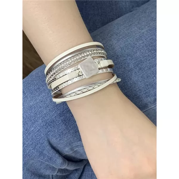 Boho PU Leather Bracelet for Women Girls Handmade Crystal Rhinestone Imitation Baroque Pearl Cuff Wrap Bracelets Silver Tube Clasp Sequins Bangle Wristbands Fashion Bohemian Jewelry Gift for Her WhiteBoho PU Leather Bracelet for Women Girls Handmade Crystal Rhinestone Imitation Baroque Pearl Cuff Wrap Bracelets Silver Tube Clasp Sequins Bangle Wristbands Fashion Bohemian Jewelry Gift for Her White