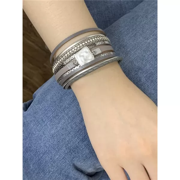 Boho PU Leather Bracelet for Women Girls Handmade Crystal Rhinestone Imitation Baroque Pearl Cuff Wrap Bracelets Silver Tube Magnetic Clasp Sequins Bangle Wristbands Fashion Bohemian Jewelry Gift for Her GreyBoho PU Leather Bracelet for Women Girls Handmade Crystal Rhinestone Imitation Baroque Pearl Cuff Wrap Bracelets Silver Tube Magnetic Clasp Sequins Bangle Wristbands Fashion Bohemian Jewelry Gift for Her Grey