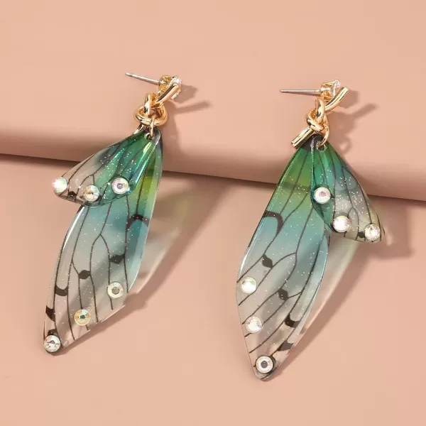 Butterfly Fairy Wing Dangle Earrings for Women Girls 925 Sterling Silver Post Pin Gold Plated AB Crystal Rhinestone Acrylic Resin Monarch Hindwing Retro Lightweight Birthday Wedding Jewelry GiftsBlue Green