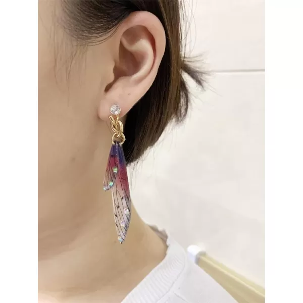 Butterfly Fairy Wing Dangle Earrings for Women Girls 925 Sterling Silver Post Pin Gold Plated AB Crystal Rhinestone Acrylic Resin Monarch Hindwing Retro Lightweight Birthday Wedding Jewelry GiftsPurple Red