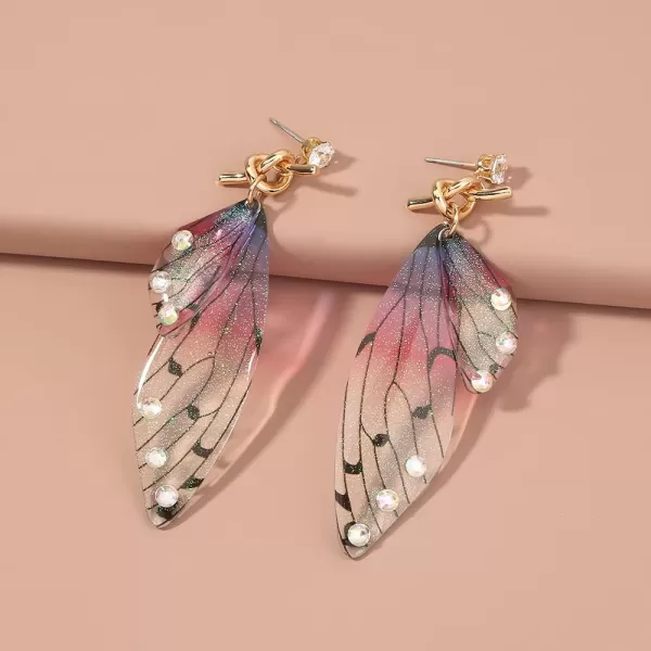Butterfly Fairy Wing Dangle Earrings for Women Girls 925 Sterling Silver Post Pin Gold Plated AB Crystal Rhinestone Acrylic Resin Monarch Hindwing Retro Lightweight Birthday Wedding Jewelry GiftsPurple Red