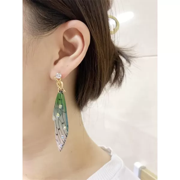 Butterfly Fairy Wing Dangle Earrings for Women Girls 925 Sterling Silver Post Pin Gold Plated AB Crystal Rhinestone Acrylic Resin Monarch Hindwing Retro Lightweight Birthday Wedding Jewelry GiftsBlue Green