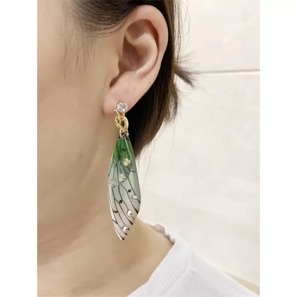 Butterfly Fairy Wing Dangle Earrings for Women Girls 925 Sterling Silver Post Pin Gold Plated AB Crystal Rhinestone Acrylic Resin Monarch Hindwing Retro Lightweight Birthday Wedding Jewelry GiftsBlue Green