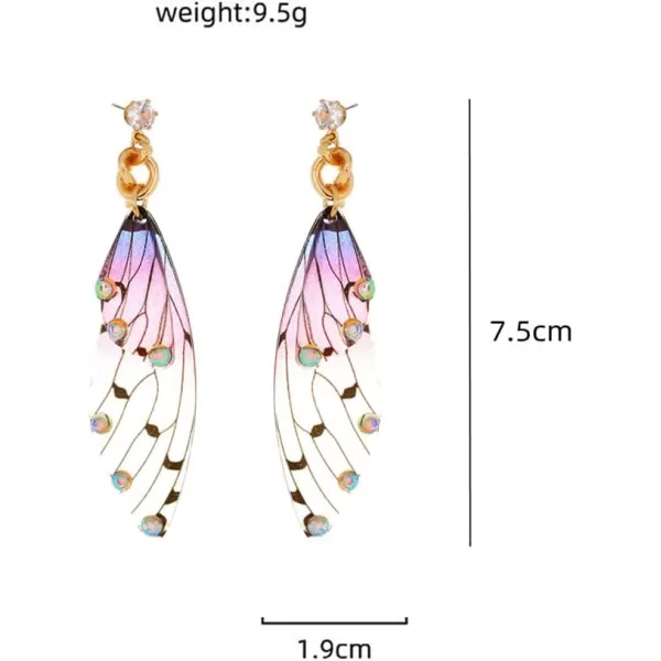Butterfly Fairy Wing Dangle Earrings for Women Girls 925 Sterling Silver Post Pin Gold Plated AB Crystal Rhinestone Acrylic Resin Monarch Hindwing Retro Lightweight Birthday Wedding Jewelry GiftsPurple Red