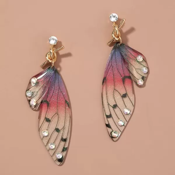 Butterfly Fairy Wing Dangle Earrings for Women Girls 925 Sterling Silver Post Pin Gold Plated AB Crystal Rhinestone Acrylic Resin Monarch Hindwing Retro Lightweight Birthday Wedding Jewelry GiftsPurple Red