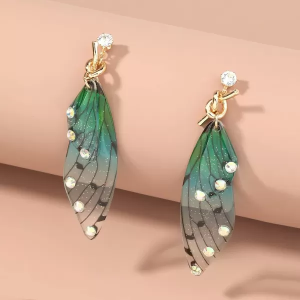 Butterfly Fairy Wing Dangle Earrings for Women Girls 925 Sterling Silver Post Pin Gold Plated AB Crystal Rhinestone Acrylic Resin Monarch Hindwing Retro Lightweight Birthday Wedding Jewelry GiftsBlue Green