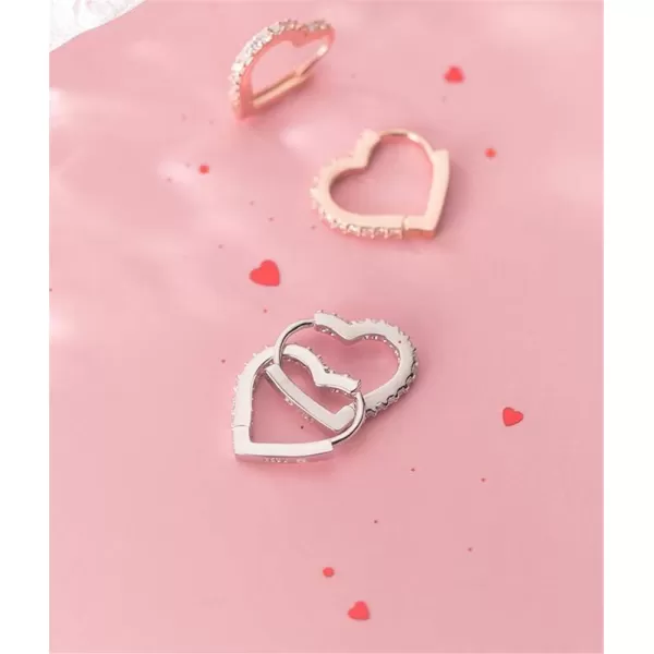 CZ Love Heart Huggie Small Hoop Earrings for Women Girls Teens 925 Sterling Silver Crystal Heart Daith Cartilage Stud Minimalist Sleeper Hoops Cute Birthday Christmas Valentine Mothers Day Jewelry GiftsSilver