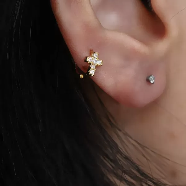 Cross Earrings Cubic Zirconia Cartilage Small Hinged Huggie Hoop Earrings for Women Girls S925 Sterling Silver Tiny CZ Tragus Stud Helix Upper Ear Dainty Crystal Jewelry Christmas Gifts6mm Gold