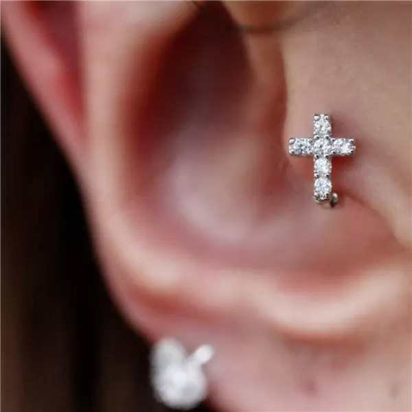 Cross Earrings Cubic Zirconia Cartilage Small Hinged Huggie Hoop Earrings for Women Girls S925 Sterling Silver Tiny CZ Tragus Stud Helix Upper Ear Dainty Crystal Jewelry Christmas Gifts6mm Silver