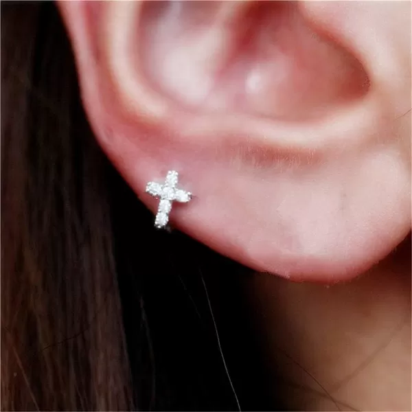 Cross Earrings Cubic Zirconia Cartilage Small Hinged Huggie Hoop Earrings for Women Girls S925 Sterling Silver Tiny CZ Tragus Stud Helix Upper Ear Dainty Crystal Jewelry Christmas Gifts6mm Silver