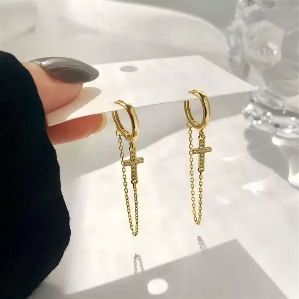 Cross Long Chain Dangle Hoop Earrings for Women Girls 925 Sterling Silver Tassel Drop Huggie Small Hoop Cartilage Studs Clip Hypoallergenic Holiday JewelryGold