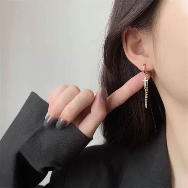 Cross Long Chain Dangle Hoop Earrings for Women Girls 925 Sterling Silver Tassel Drop Huggie Small Hoop Cartilage Studs Clip Hypoallergenic Holiday JewelryGold