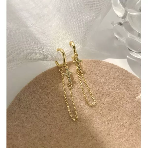 Cross Long Chain Dangle Hoop Earrings for Women Girls 925 Sterling Silver Tassel Drop Huggie Small Hoop Cartilage Studs Clip Hypoallergenic Holiday JewelryGold