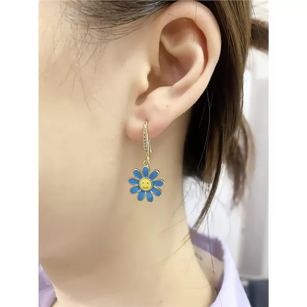 Cute Flower Smiley Dangle Earrings for Women Girls Hypoallergenic Cubic Zirconia Gold Plated Enameled Daisy Happy Face Threader Drop Dangling Hook Curved Stud Fashion Dainty Jewelry Gifts Daughter Niece BlueCute Flower Smiley Dangle Earrings for Women Girls Hypoallergenic Cubic Zirconia Gold Plated Enameled Daisy Happy Face Threader Drop Dangling Hook Curved Stud Fashion Dainty Jewelry Gifts Daughter Niece Blue