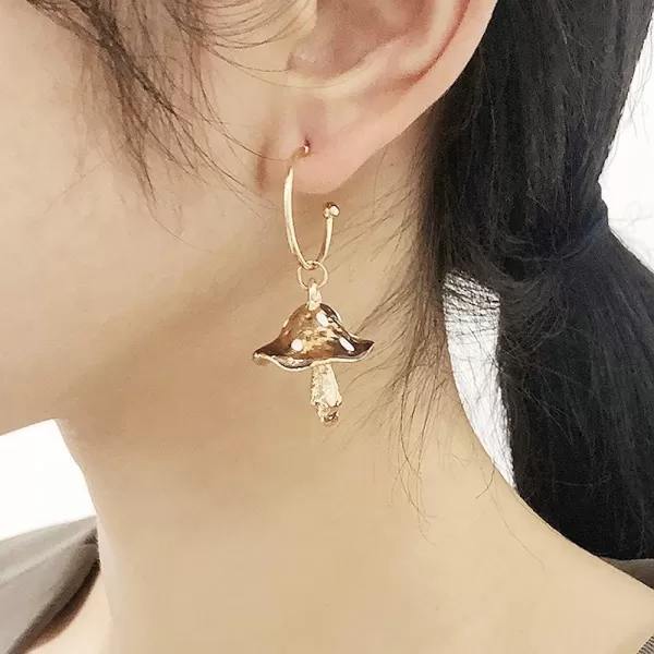 Cute Mushroom Dangle Earrings for Women Girls Gold Plated Enamel Food Half Hoop Dangling Stud Lifelike Creative Earring Birthday Party Handmade Y2K JewelryBrown