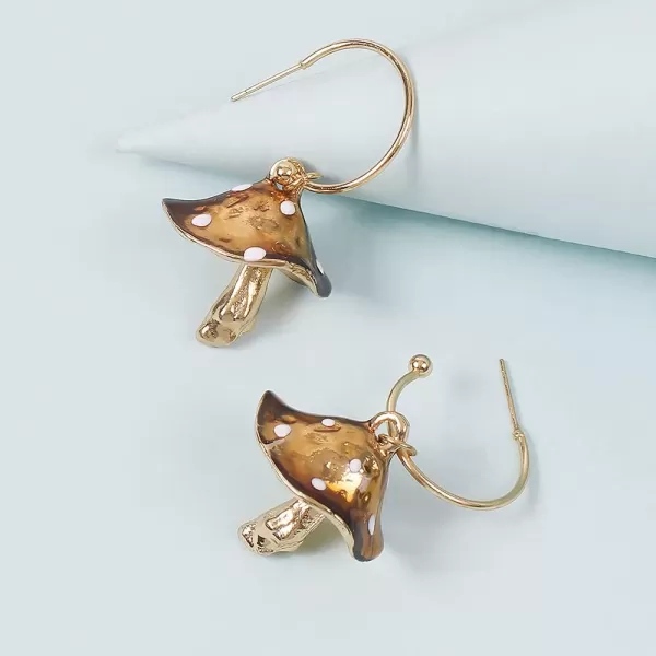 Cute Mushroom Dangle Earrings for Women Girls Gold Plated Enamel Food Half Hoop Dangling Stud Lifelike Creative Earring Birthday Party Handmade Y2K JewelryBrown