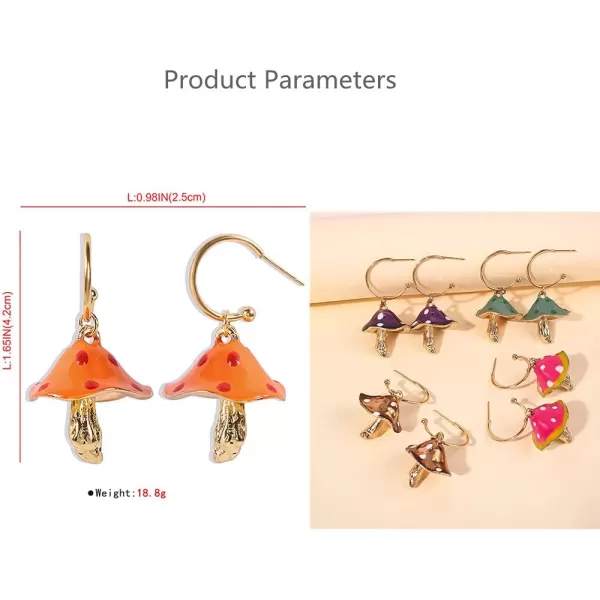 Cute Mushroom Dangle Earrings for Women Girls Gold Plated Enamel Food Half Hoop Dangling Stud Lifelike Creative Earring Birthday Party Handmade Y2K JewelryBrown