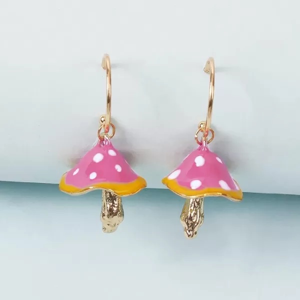 Cute Mushroom Dangle Earrings for Women Girls Gold Plated Enamel Food Half Hoop Dangling Stud Lifelike Creative Earring Birthday Party Handmade Y2K JewelryPink